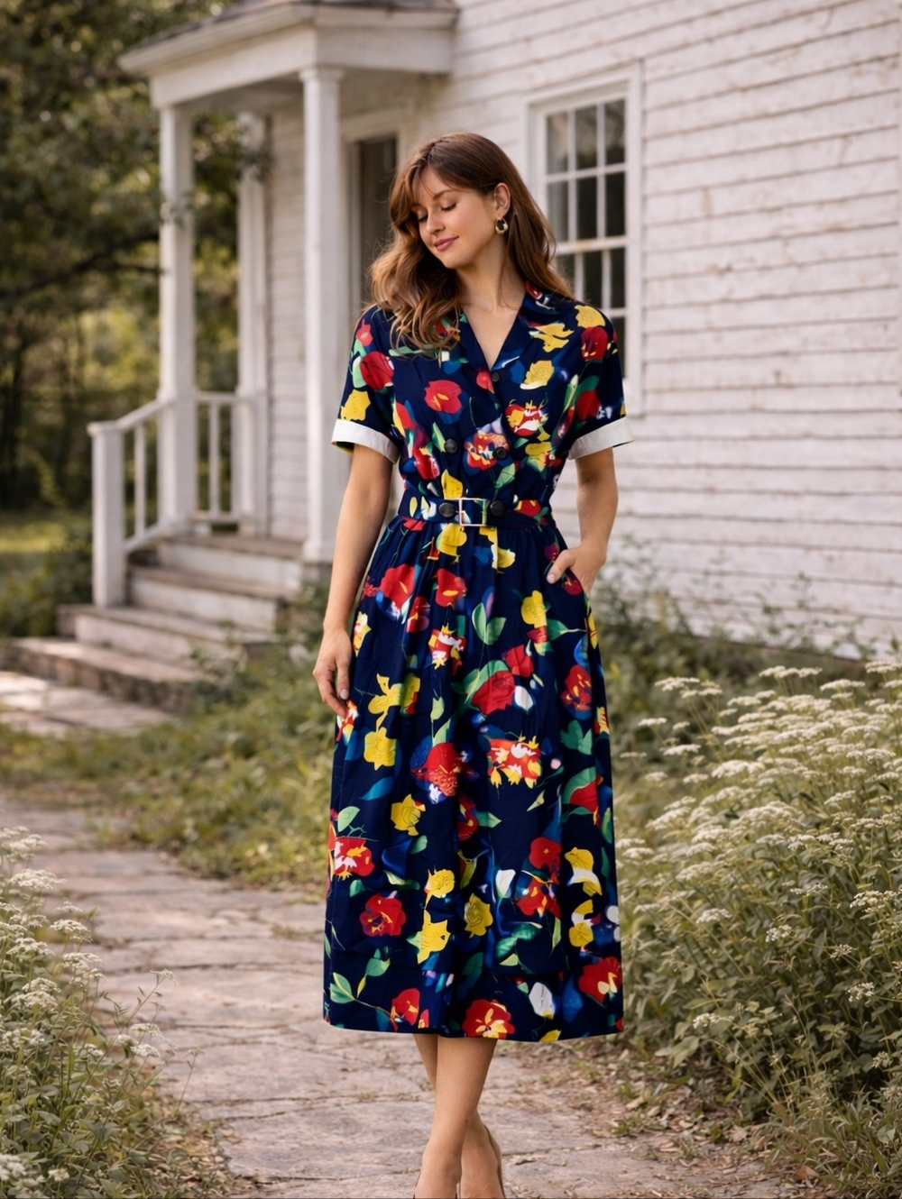 Floral Midi Shirt Dress in Navy with Red & Yellow Blooms